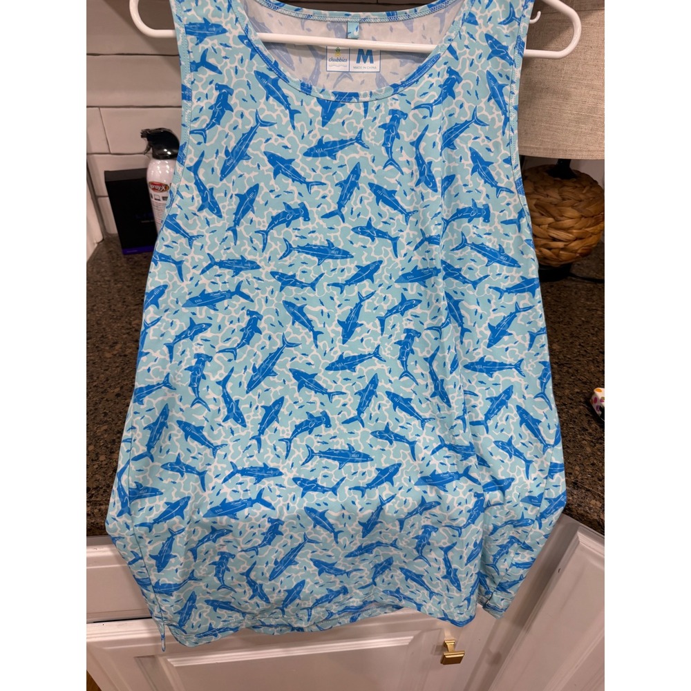 Chubbies Shark Print Tank‎ Top Blue Sleeveless Crew Neck Medium Womens